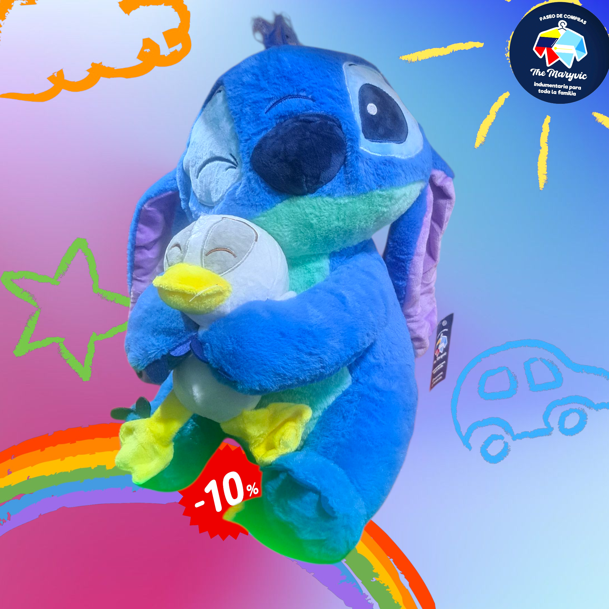 Peluche stich con pato y manta adentro del peluche 40 cm
